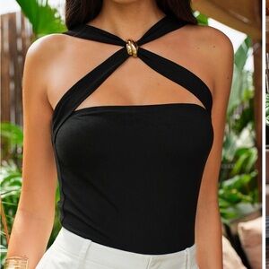 Commense Black Cross-Strap Bodysuit with Gold Detail